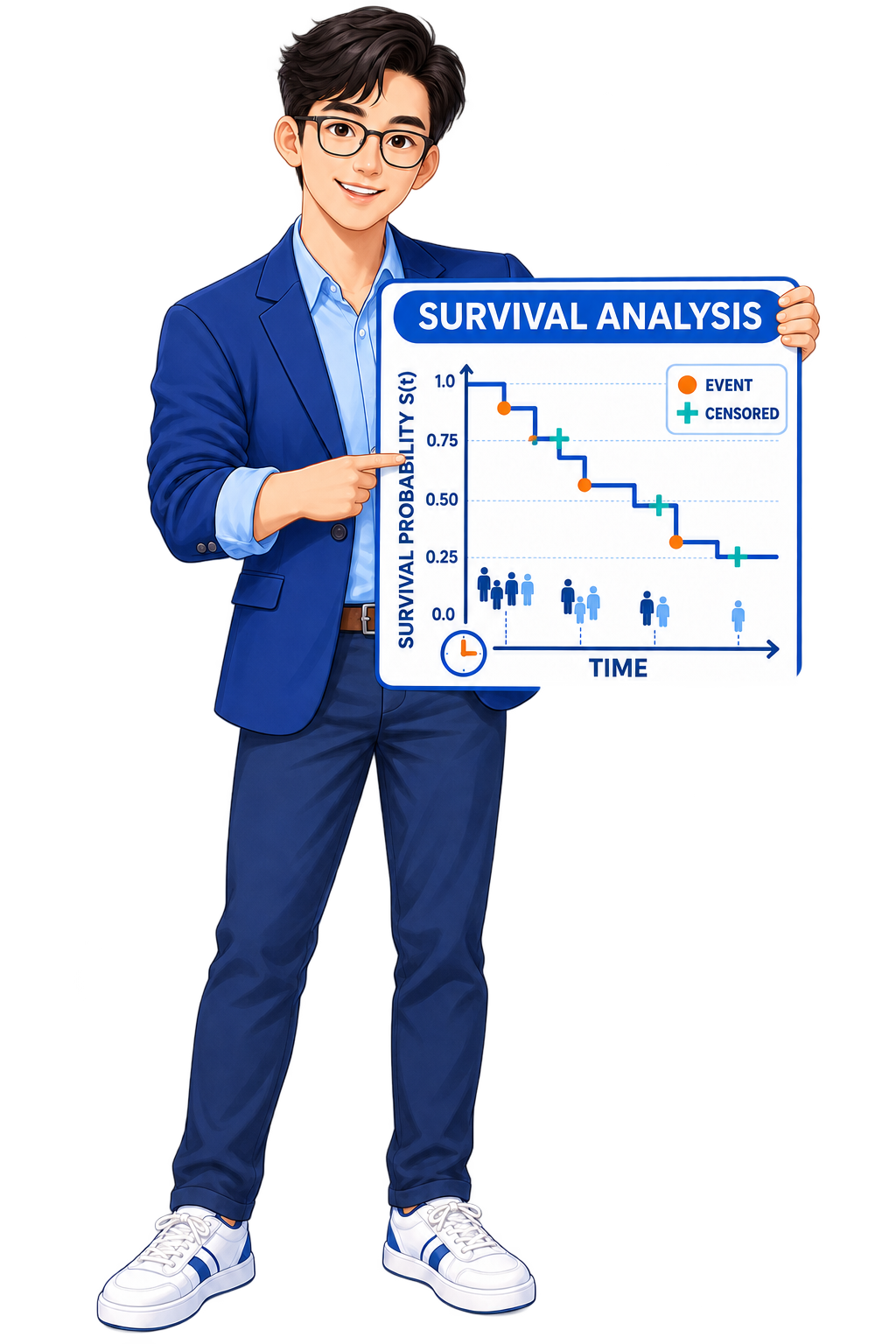 Cartoon researcher explaining a Kaplan–Meier survival probability chart with events and censored observations